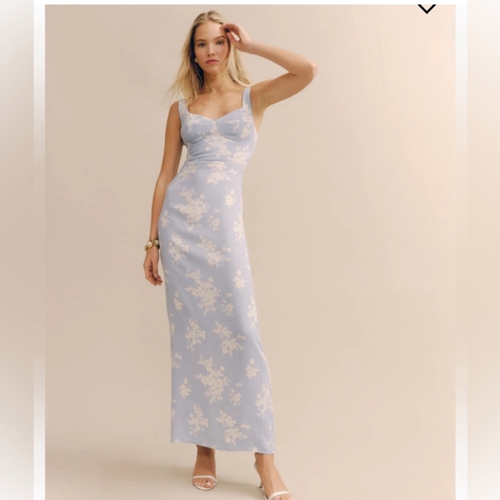 Reformation Blue and White Sheath Maxi Dress with Sweetheart Neckline